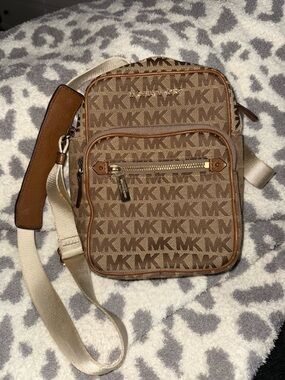 Michael Kors Brown MK Monogram Crossbody with Tan Trim